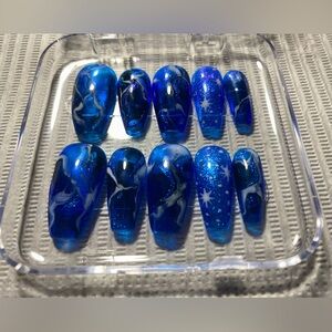 Press on nails -Blue Marble Long Coffin